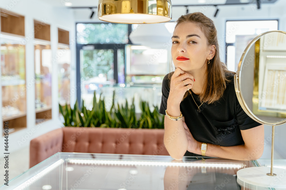Elegant sucsessful business woman in black wear and red lips Stock ...