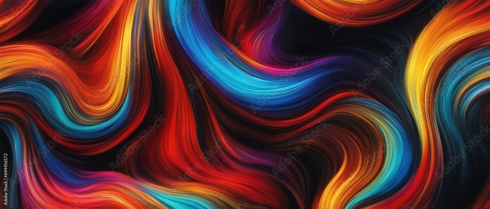 Abstract multicolored swirls of thin liquid paint on black background, digital painting, wallpaper Abstract multicolored swirls of thin liquid paint on black background, digital painting, wallpaper