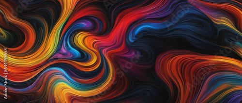Abstract multicolored swirls of liquid paint on black background, digital painting, wallpaper