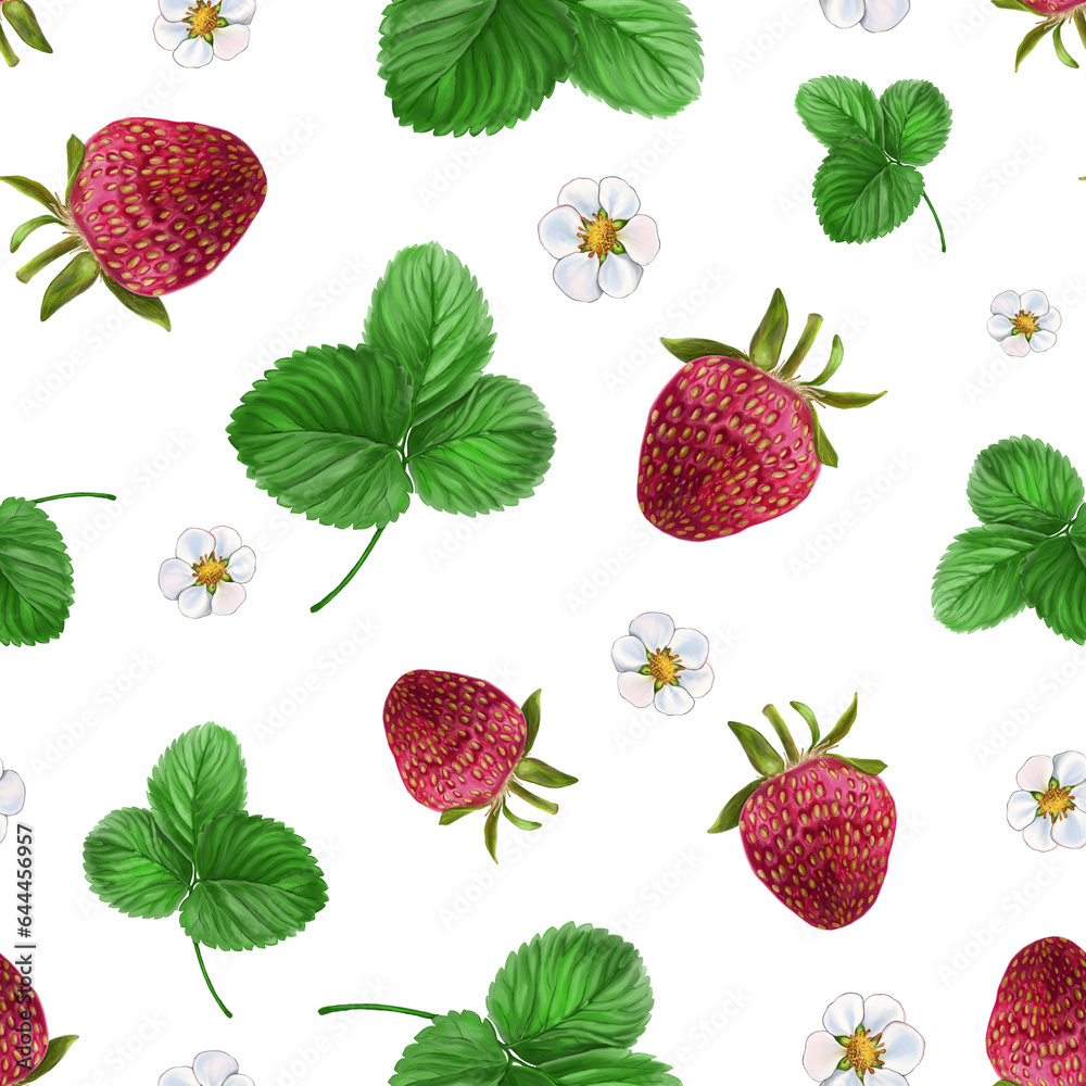A pattern of red strawberries, white flowers on a white background. For fabric, textiles, wrapping paper, stationery. A pattern of red strawberries, white flowers on a white background. For fabric, textiles, wrapping paper, stationery.