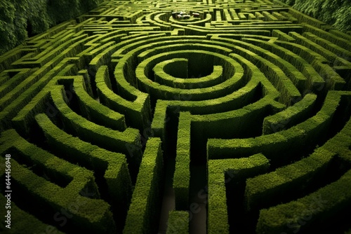 A green maze seen diagonally. Generative AI