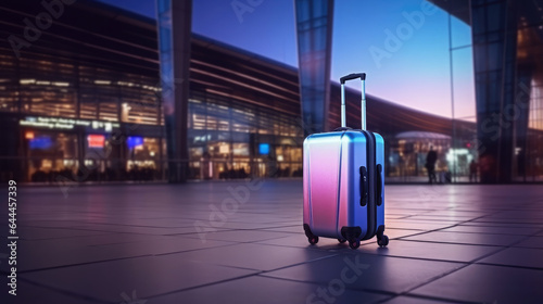 Generative AI, stylish modern suitcase on the background of the airport building, travel, luggage, check-in, vacation, business trip, bag, shiny case on wheels, urban design, high-tech interior, light