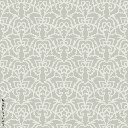 Abstract seamless pattern in vintage style. Gray background, texture with floral motif, abstract flowers, leaves. Template for fabrics, wallpaper, textiles, clothes, pillows, bed linen, tile, wrap.