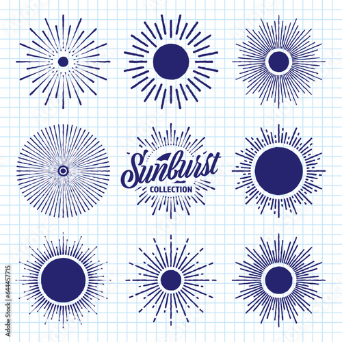 Hand drawn vintage sunburst, sunset beams on checkered paper sheet. Bursting sun, light rays. Logotype or lettering design element in retro style. School notebook for drawing. Vector illustration