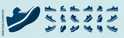 Sport shoes set, walking, racer running trainer, active game sneakers practice, performance. Athletic gym blue footwear, accessory. Health, wellness, physical education fitness cartoon illustration