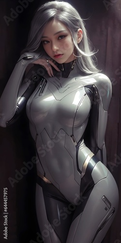 Grey hair anime girl in grey suit, Generative AI illustrations