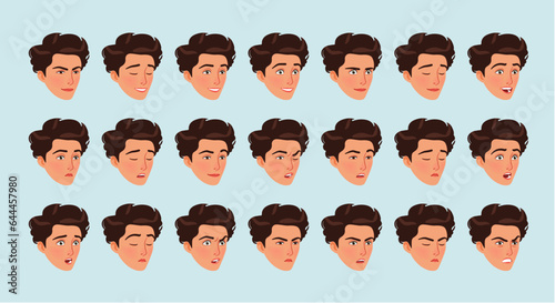 Sporty teenage boy emote set, young brunette hair man portrait bundle. Healthy active handsome male head facial expressions. Different cute face icons, positive, negative emotion pic. Vector cartoon