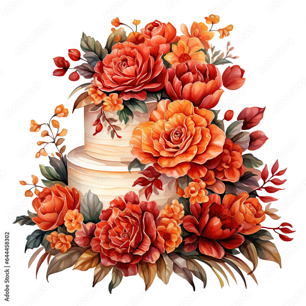 Wedding cake Red rose flowers like marigolds decoration illustration, elegant flowers romantic , Watercolor blush floral clipart ,transparent background, PNG ,Generative AI Wedding cake Red rose flowers like marigolds decoration illustration, elegant flowers romantic , Watercolor blush floral clipart ,transparent background, PNG ,Generative AI