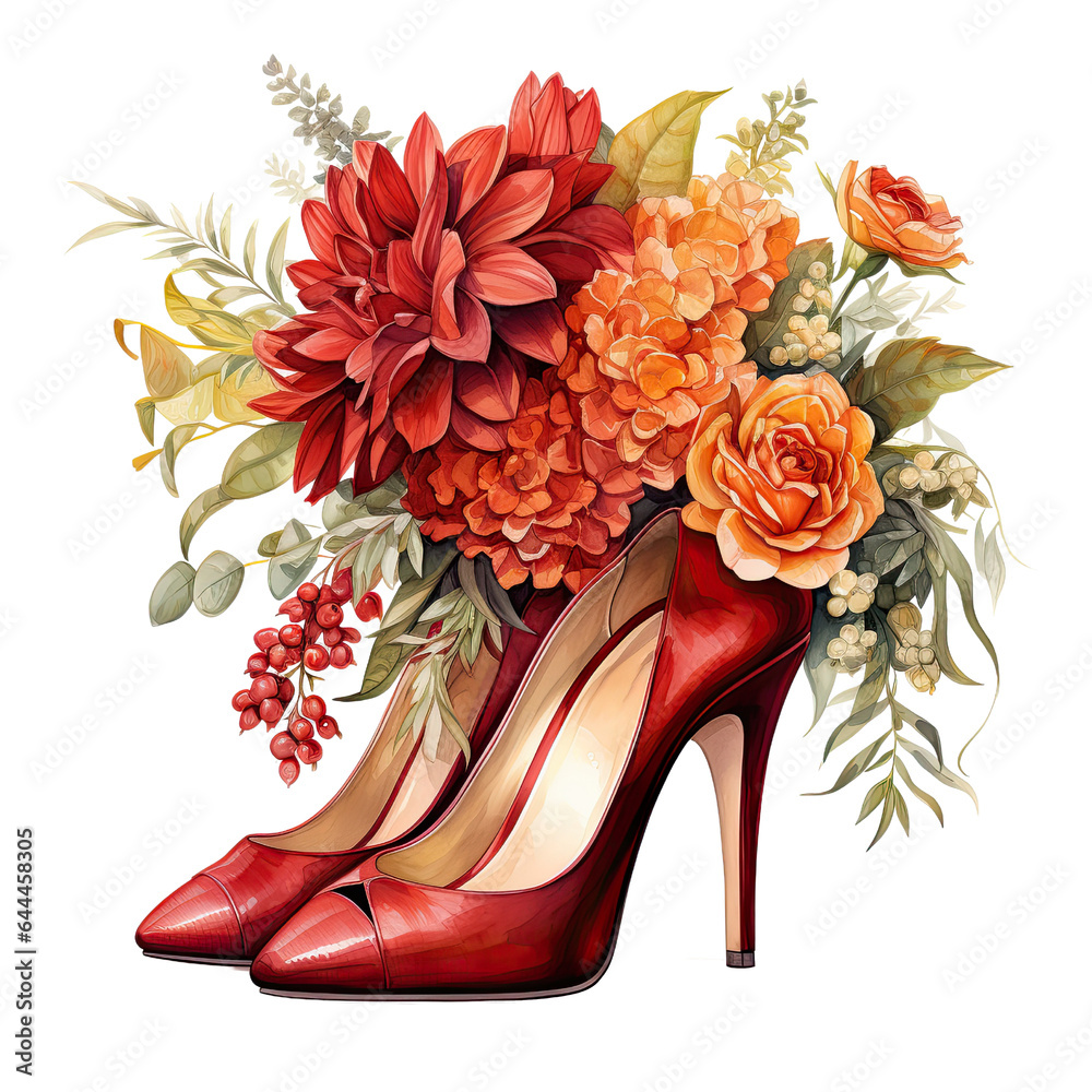 Wedding Chic high heel shoes Red rose flowers like marigolds decoration ...