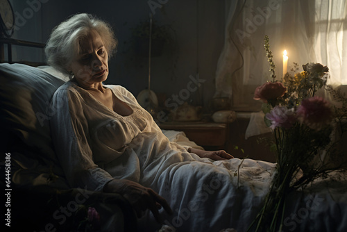 Mental Health Concept for World Mental Health Day. Sad and depressed senior woman alone in bedroom. Sick elderly woman. Mental health problem. Suffering from insomnia. Mental illness.