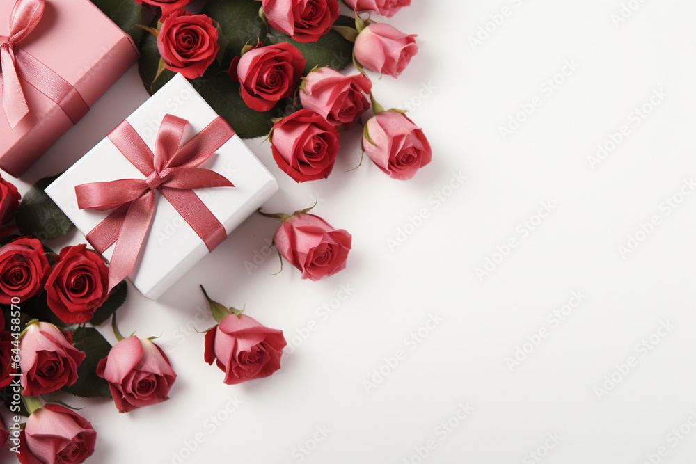 Gift box and roses on white background, top view. Space for text Gift box and roses on white background, top view. Space for text