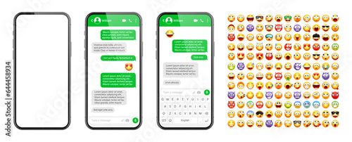 Smartphone messaging app, user interface design with emoji. SMS text frame. Chat screen with green message bubbles. Texting app for communication. Social media application. Vector illustration
