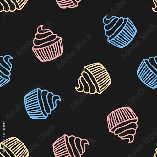Seamless pattern with colorful cupcakes and black background