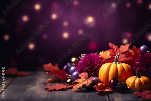 purple and golden pumpkins with fall leaves and decorations on wooden ground in front of a bokeh background with space for text