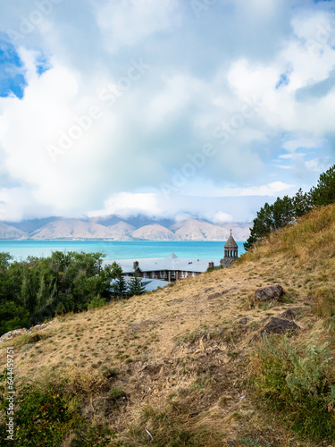 view of Lake Sevan and Sevanavank monastery on summer day  Armenia