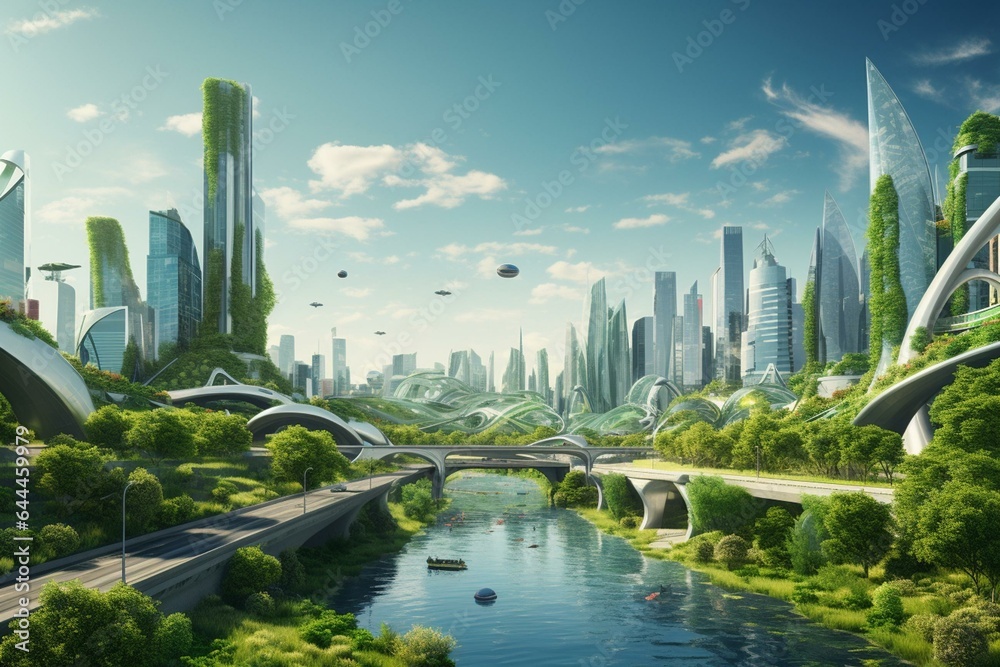 Metropolis skyline with public park, green environment, and downtown business district. Generative AI