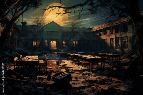 Frightening illustration depicting an abandoned school in a post-apocalyptic setting. Generative AI