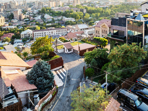 above view of descent from Cascade stairways in Yerevan city on summer sunset