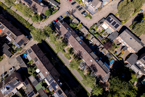 Aerial of residential neighbourhood Leesten in suburbs of Zutphen. City planning, top down street plan, infrastructure and urban development concept.