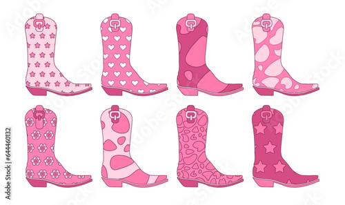 60s vintage pink Cowgirl boots collection with various ornaments. Howdy Cowboy western and wild west theme. Hand drawn vector set.