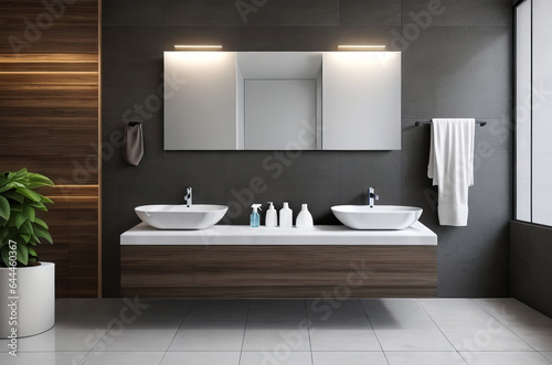 Chic Bathroom Interior  Gray and Brown Walls  Black Countertop  Mirror  Plants  and Parquet Floor. 