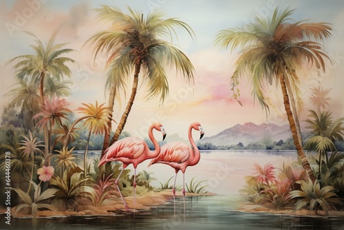Watercolor painting of tropical scene  featuring palm trees and flamingos. Generative AI