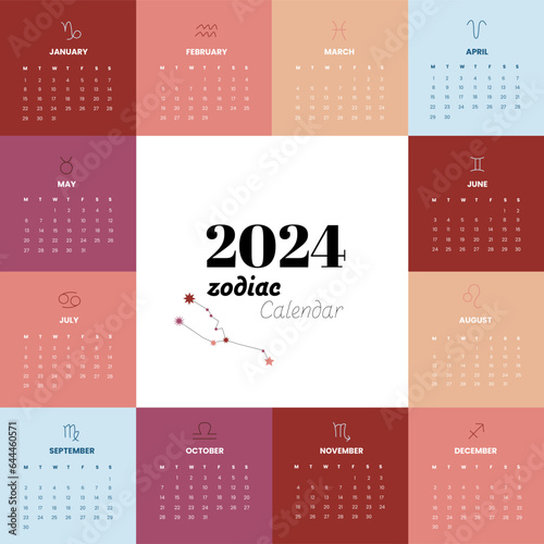 Zodiac calendar 2024, 12 sun signs, square design, easy to scale