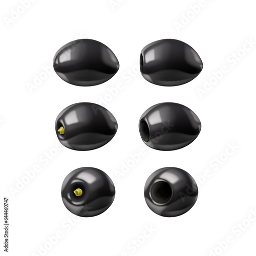 Realistic black olives, isolated raw olives 3d vector set. Small, oval-shaped fruits with a smooth, dark skin, rich, slightly bitter flavor, used in salads, pasta dishes, and mediterranean cuisine
