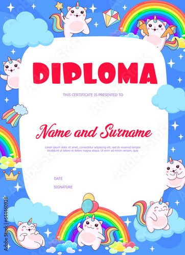 Kids diploma with caticorn cat and kitten cute characters on rainbow. Kids achievement certificate, competition winner vector award or diploma template with magical kitten or fairy caticorn personage