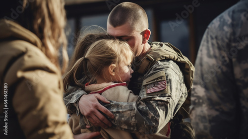 Emotional moments of a soldier reuniting with their spouse and children, with copy space