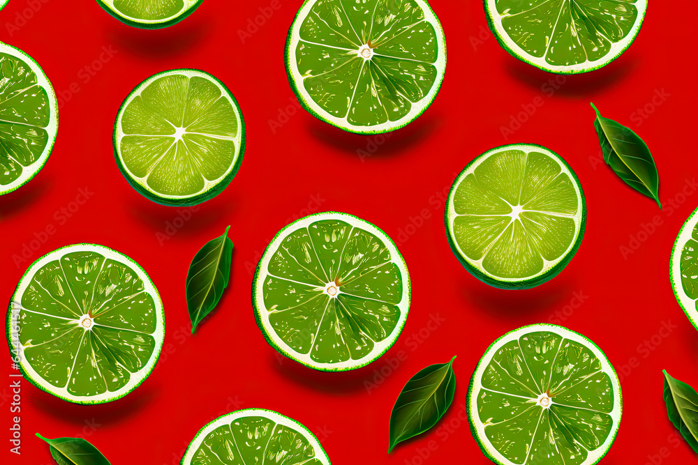 Seamless pattern of lime slices and leaves on a red background