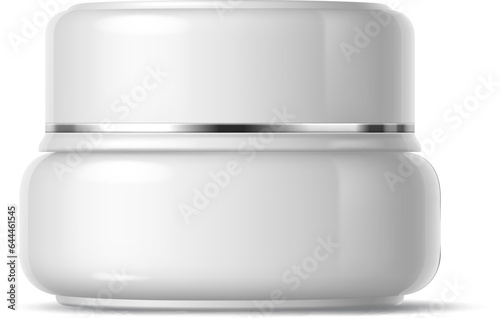 Realistic cosmetics product plastic container of cream Isolated 3d vector mockup. White jar with a lid used to store and dispense creams or lotions for skincare or cosmetic purposes
