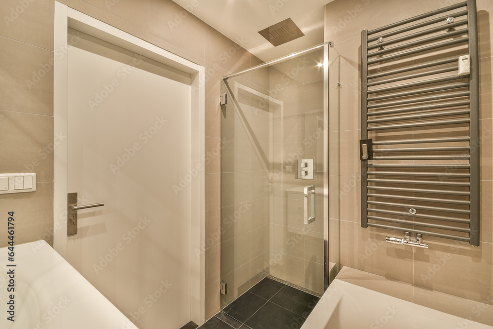 Sinks and bathtub near shower cabin Sinks and bathtub near shower cabin