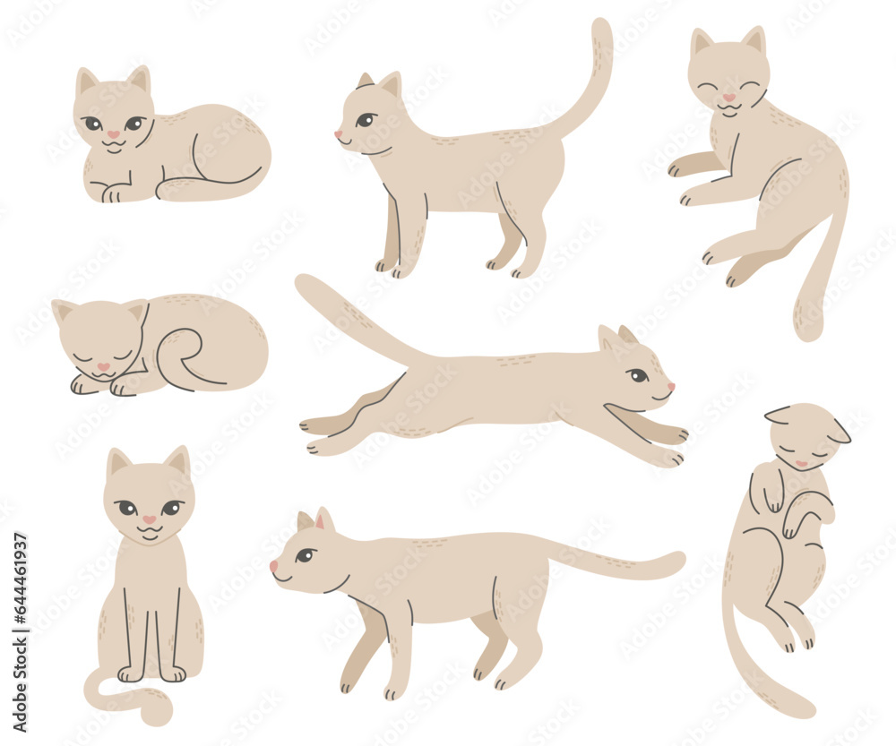 Set of cats in different poses.Lying, walking, sitting, sleeping, jumping cat. Pet, friend.Simple vector illustration in flat cartoon style isolated on white background.