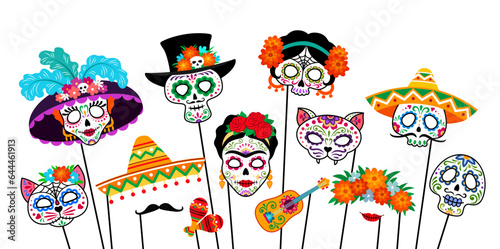 Photo booth Halloween holiday masks and props for Dia de Los Muertos, vector cartoon faces. Day of Dead holiday photo booth masks of Catrina calavera, skull in sombrero, marigold wreath and guitar