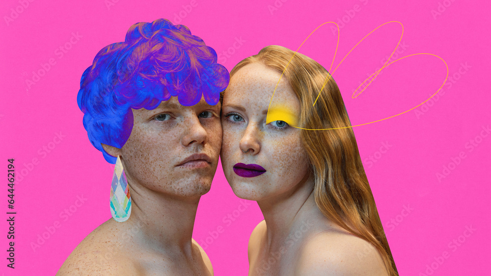 Contemporary art collage. Modern artwork. Porait of beautiful couple, woman and man, with painted makeup on face agains vivid pink background