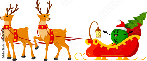 Cartoon Christmas K micronutrient character rides a merry deer sleigh with gift bag and holiday tree. Isolated vector Potassium Santa personage celebrating Xmas with joy and cheer, spreading magic