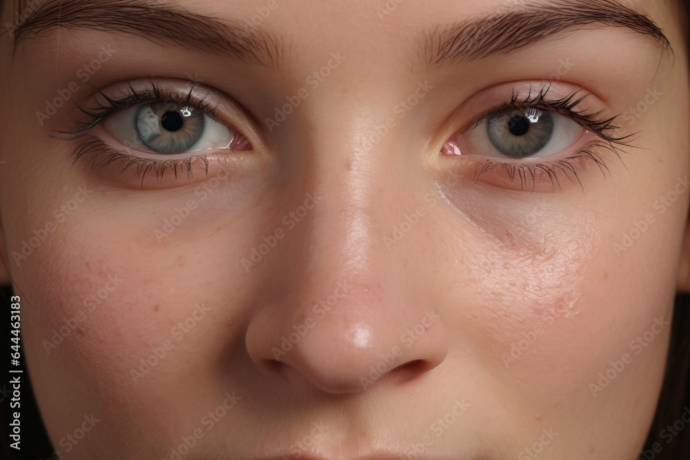 Fototapeta premium a macro close-up portrait of a face of a young white caucasian woman with perfect skin, freckles. Face details. Skin beauty and hormonal female health concept.