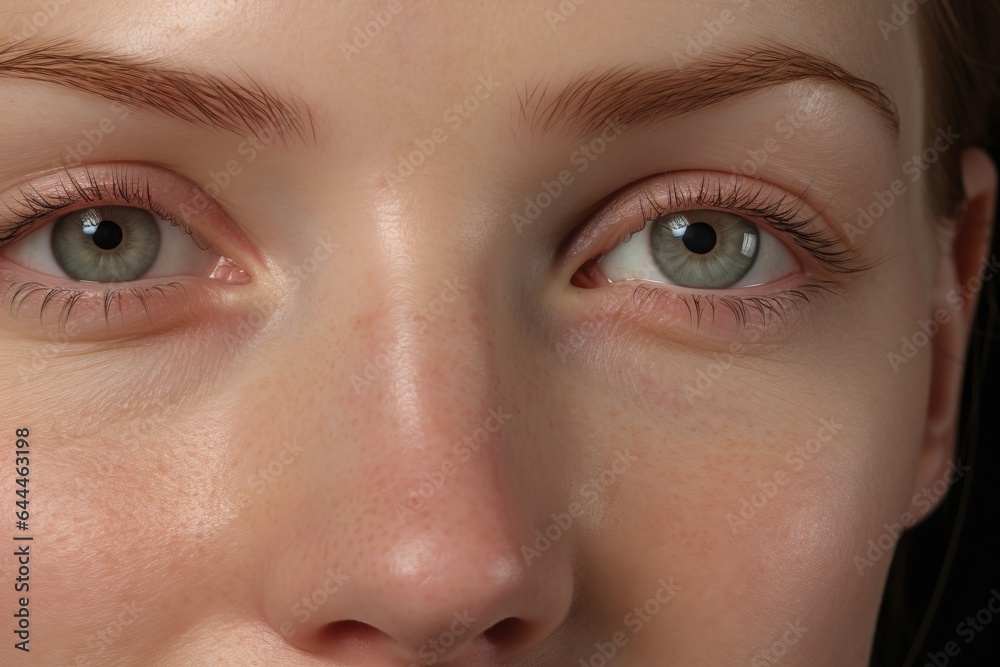 Obraz premium a macro close-up portrait of a face of a young white caucasian woman with perfect skin, freckles. Face details. Skin beauty and hormonal female health concept.