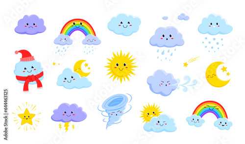 Cartoon weather characters and personages. Vector sun, clouds, stars, rain and tornado, rainbow and snow with cute faces. Childish summer and winter funny creatures for game, book or forecast app