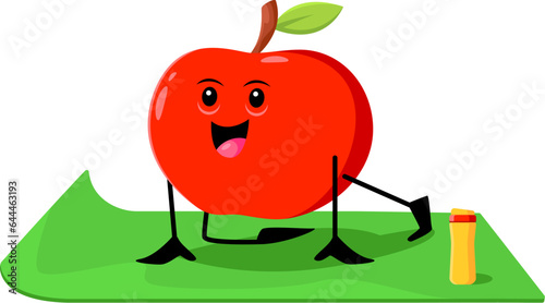 Cartoon red apple fruit character on yoga or pilates fitness sport. Vector funny fruit in yogi pose on mat. Comic cute personage at stretching class  maintain health care yoga practice and wellness