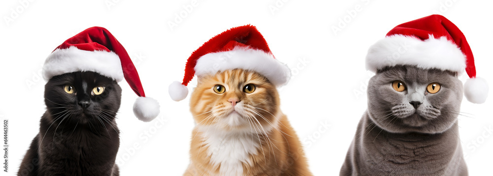 Poster Print set of cats with santa claus hat christmas cat isolated on transparent backgro 60x21.5 cm