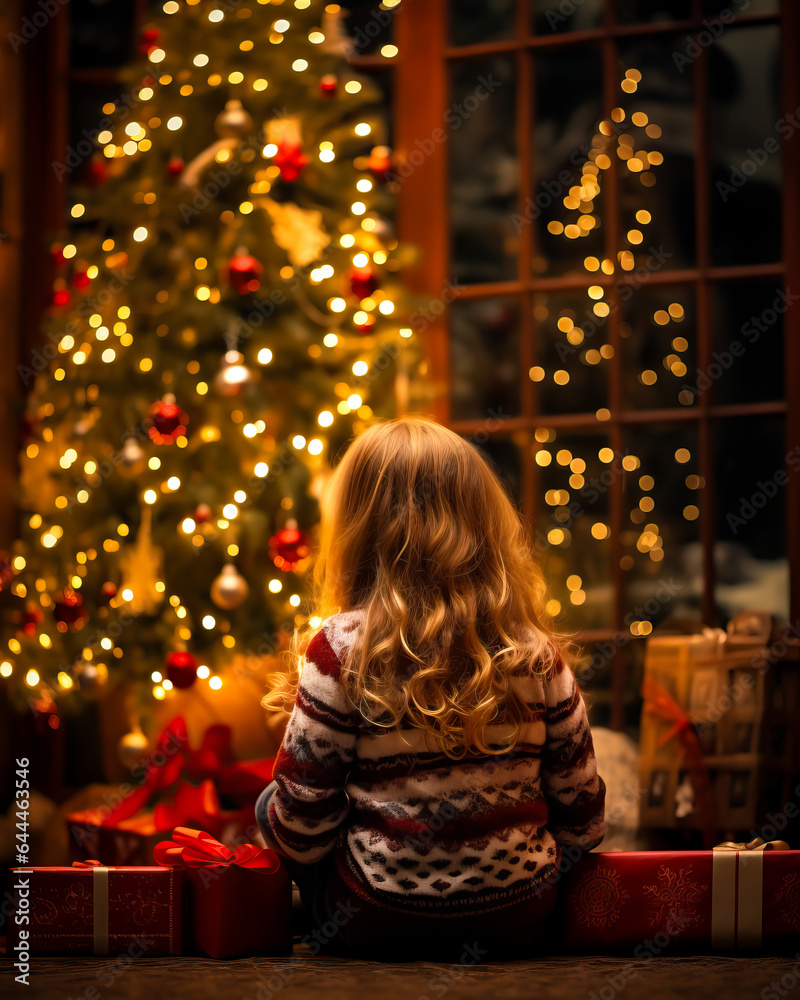 Child sitting in front of a lit Christmas tree on Christmas eve. Childhood and expectations for presents or gifts. Tree is decorated, sparkling with warm lights. Shallow field of view.