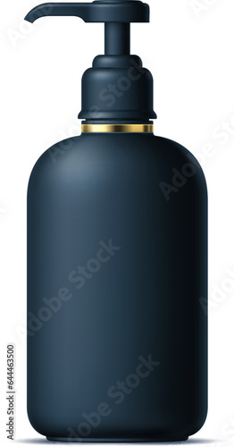 Realistic black cosmetics bottle, tube and plastic container isolated 3d vector mockup. Sleek, compact cosmetic flask with secure cap and pump dispenser, for liquid soap, sanitizer or shower gel