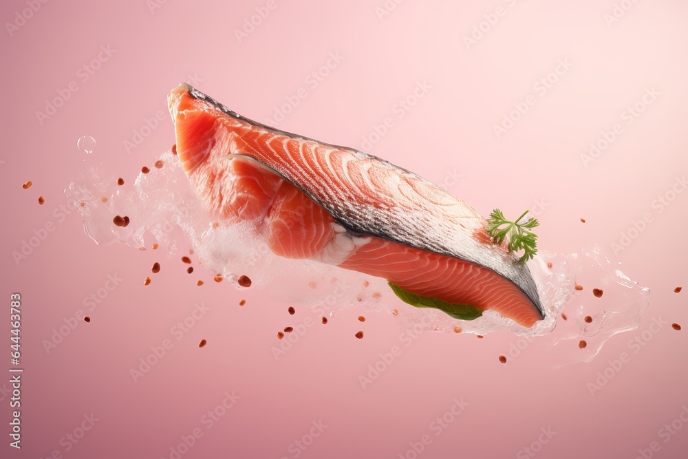 Advertisement studio banner with a raw slice of salmon fish flying in the air with water splashes on pastel plain gradient background. Food ingredient levitation Advertisement studio banner with a raw slice of salmon fish flying in the air with water splashes on pastel plain gradient background. Food ingredient levitation