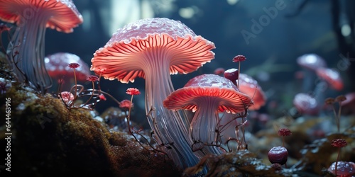 AI Generated. AI Generative. Glowing light mushrooms psychedelic mystic neon nature outdoor forest plant landscape. Can be used like game or movie concept