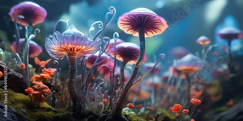 AI Generated. AI Generative. Glowing light mushrooms psychedelic mystic neon nature outdoor forest plant landscape. Can be used like game or movie concept