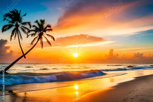 sunset on the beach palm trees on beach under orange blue and pink shaded sky beautiful background generated by AI tool