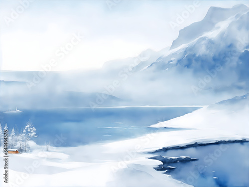 Winter watercolor sea view 