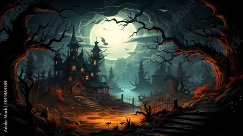 16 9 aspect ratio spooky halloween background wallpaper with scary haunted castle and trees
